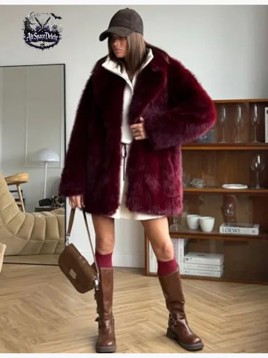 Faux Fur Coat Mid Length Plush Winter Jacket Women's Outerwear - Picture 4 of 7